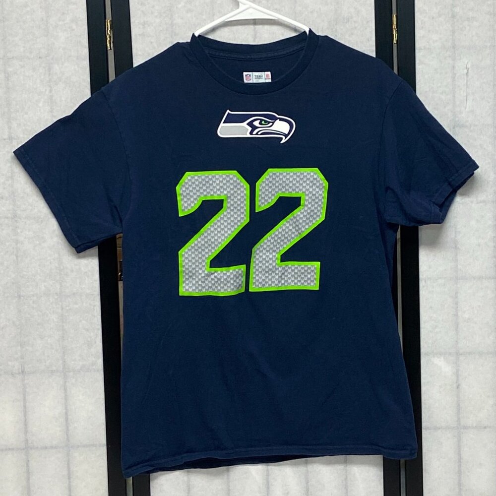 Seattle Seahawks CJ Prosise 22 Blue Graphic Tee M NFL Team Apparel Short Sleeve
